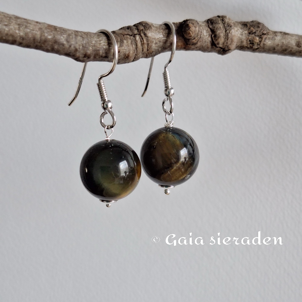 Oorbellen Tijgeroog blauw 13 mm