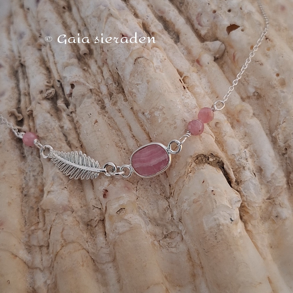 Rhodochrosiet zilver kettinkje veertje - Afbeelding 2